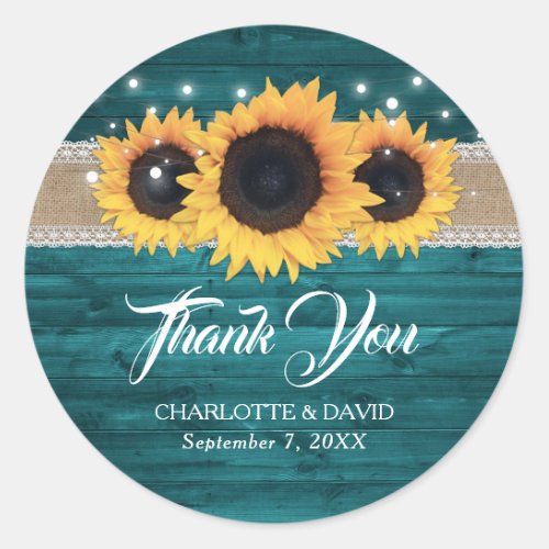 Teal Rustic Wood Burlap Lace Sunflower Classic Round Sticker