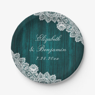 Teal Rustic Wood Floral Lace String Lights Wedding Paper Plates