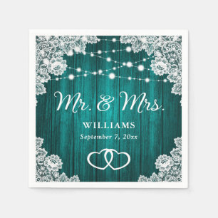 Teal Rustic Wood Lace String Lights Wedding Napkins