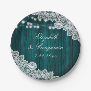 Teal Rustic Wood Lace String Lights Wedding Paper Plates