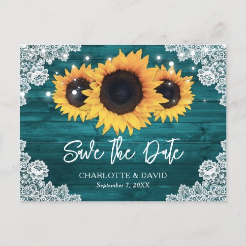 Teal Rustic Wood Lace Sunflower Save The Date Announcement Postcard