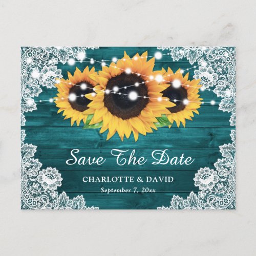 Teal Rustic Wood Lace Sunflower Save The Date Announcement Postcard