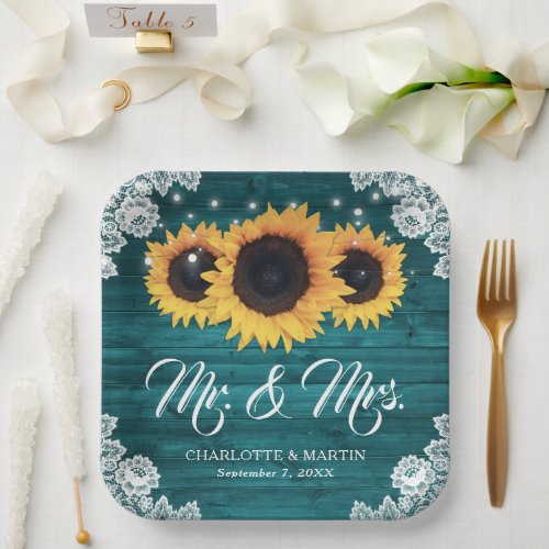 Teal Rustic Wood Lace Sunflower Wedding Paper Plates