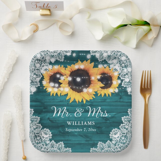 Teal Rustic Wood Lace Sunflower Wedding Paper Plates (Wedding)