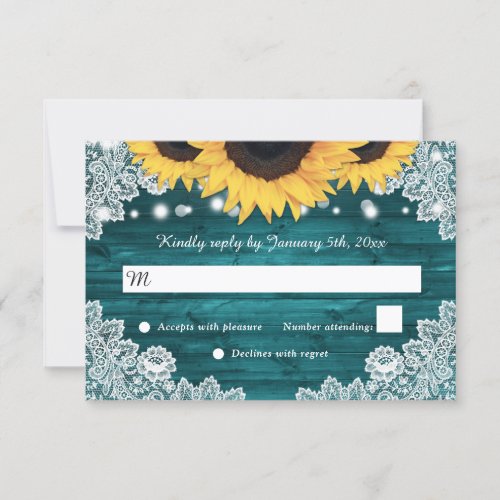 Teal Rustic Wood Lace Sunflower Wedding RSVP Card