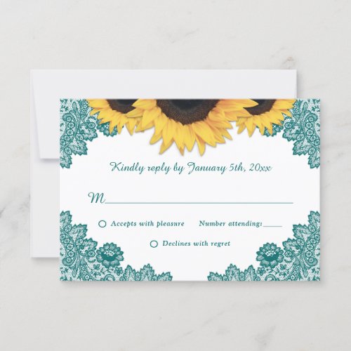Teal Rustic Wood Lace Sunflower Wedding RSVP Card