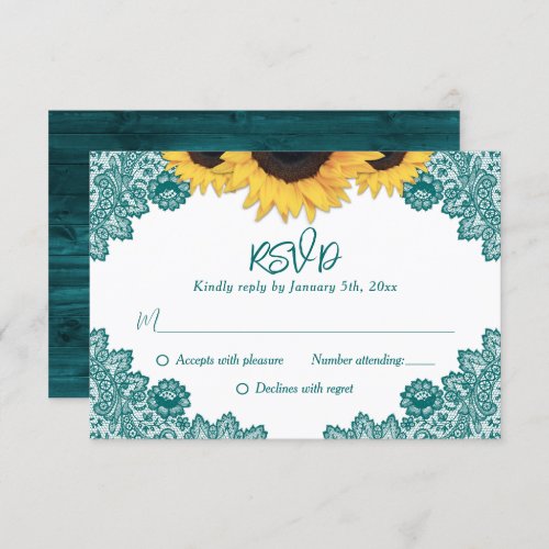 Teal Rustic Wood Lace Sunflower Wedding RSVP Card