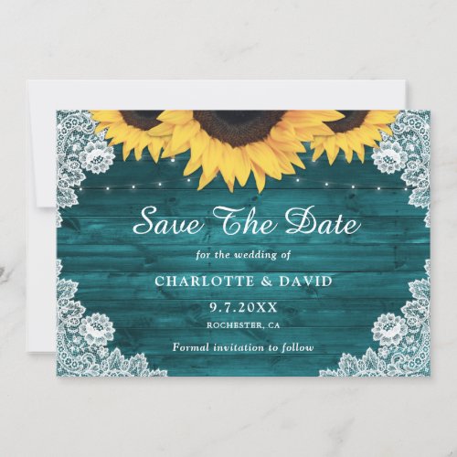 Teal Rustic Wood Lace Sunflower Wedding Save The Date