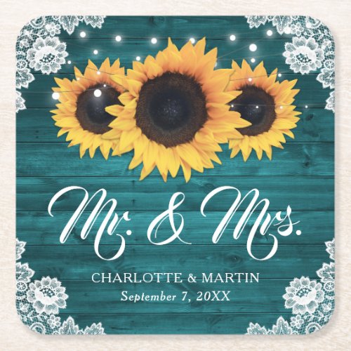 Teal Rustic Wood Lace Sunflower Wedding Square Paper Coaster