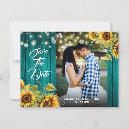 Teal Rustic Wood Lights Sunflower Photo Wedding Save The Date