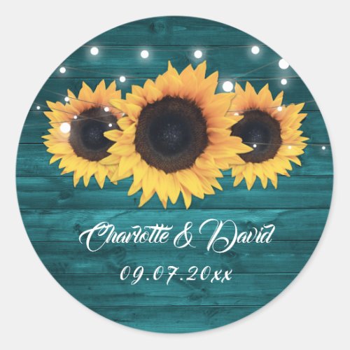Teal Rustic Wood Lights Sunflower Wedding Classic Round Sticker