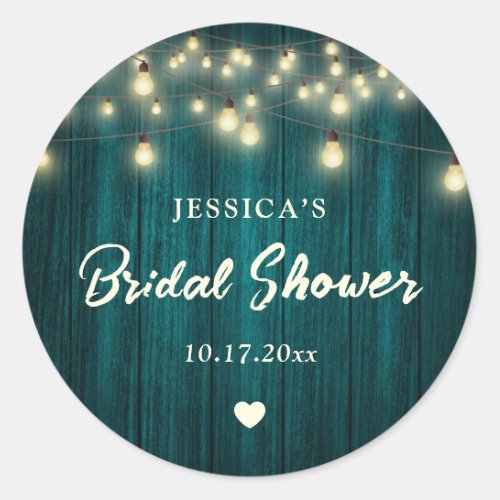 Teal Rustic Wood Lights Wedding Bridal Shower Classic Round Sticker