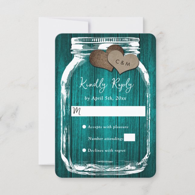 Teal Rustic Wood Mason Jar Fall Wedding RSVP Card (Front)
