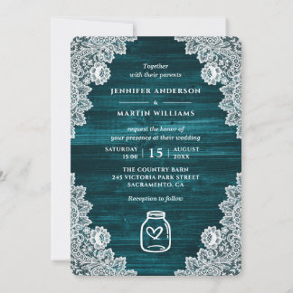 Teal Rustic Wood Mason Jar Floral Lace Wedding Invitation