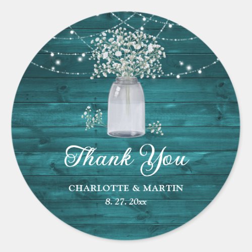 Teal Rustic Wood Mason Jar Floral Thank You Classic Round Sticker