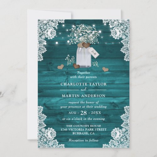 Teal Rustic Wood Mason Jar Floral Wedding Invitation