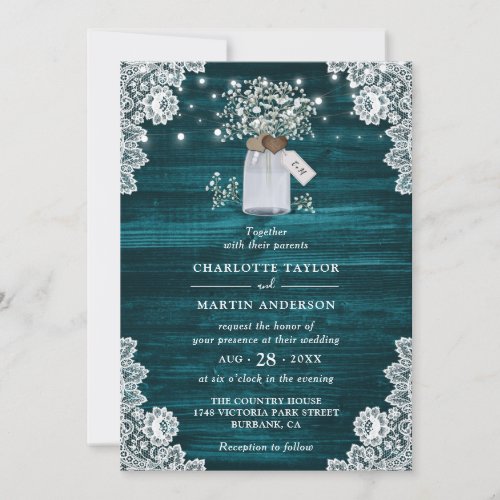 Teal Rustic Wood Mason Jar Floral Wedding Invitation