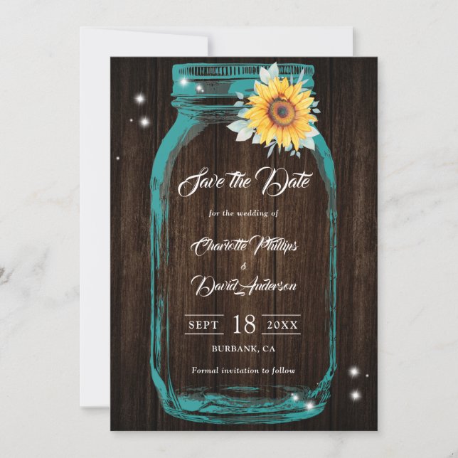 Teal Rustic Wood Mason Jar Sunflower Wedding Save The Date (Front)