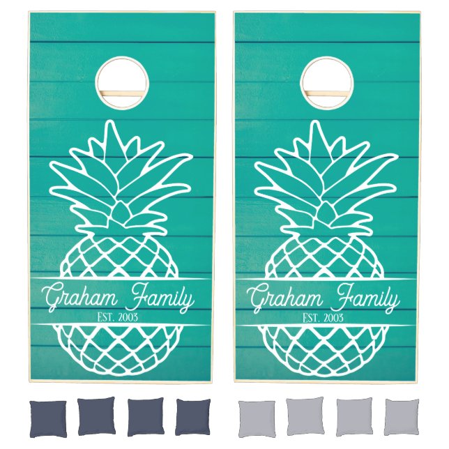 Teal Rustic Wood Pineapple Family Beach House Cornhole Set (Set)