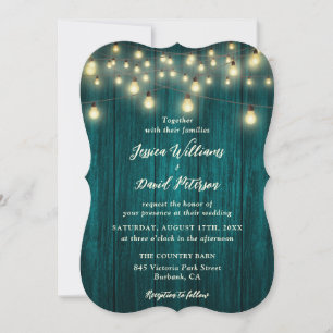 Teal Rustic Wood String Lights Country Wedding Invitation