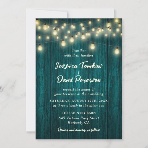 Teal Rustic Wood String Lights Country Wedding Invitation