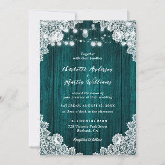 Teal Rustic Wood String Lights Floral Lace Wedding Invitation