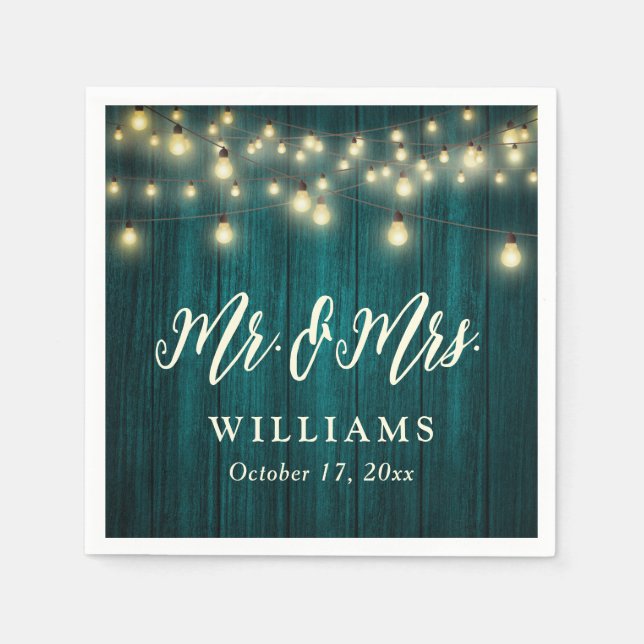 Teal Rustic Wood String Lights Mr and Mrs Wedding Napkins (Front)