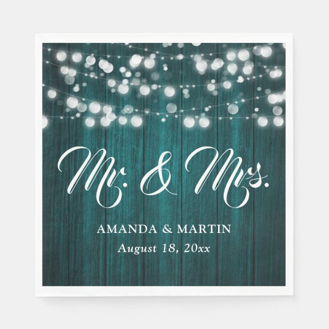 Teal Rustic Wood String Lights Mr and Mrs Wedding Napkins (Front)
