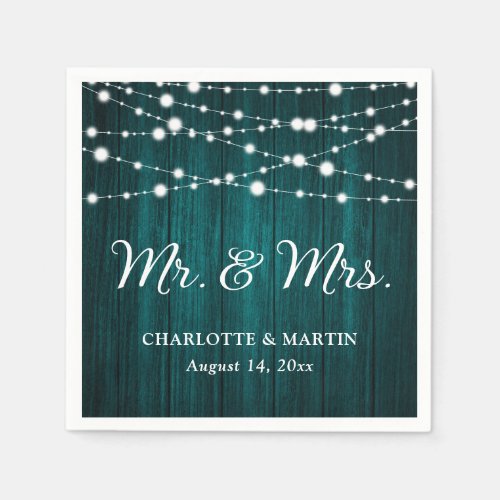 Teal Rustic Wood String Lights Mr  Mrs Wedding Napkins