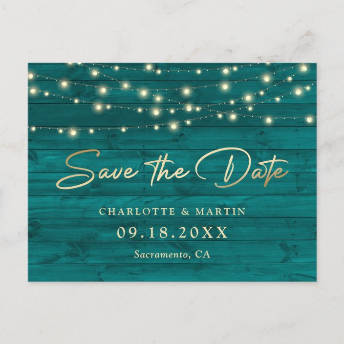 Teal Rustic Wood String Lights Save The Date