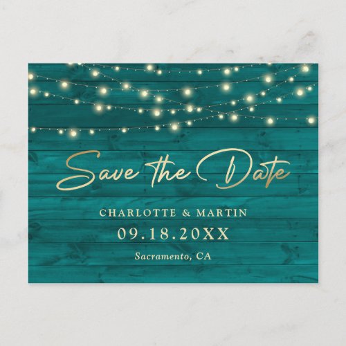 Teal Rustic Wood String Lights Save The Date Announcement Postcard