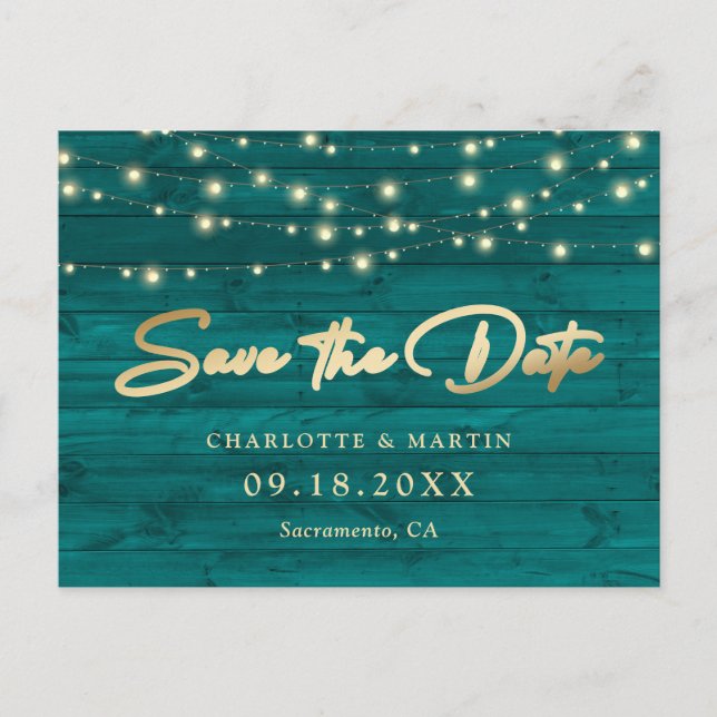 Teal Rustic Wood String Lights Save The Date Announcement Postcard (Front)