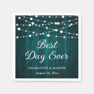 Teal Rustic Wood String Lights Wedding Napkins