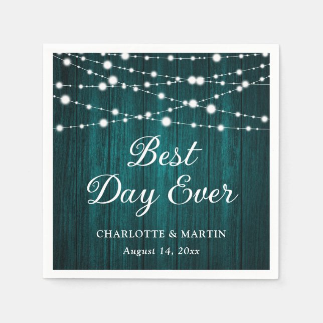 Teal Rustic Wood String Lights Wedding Napkins (Front)