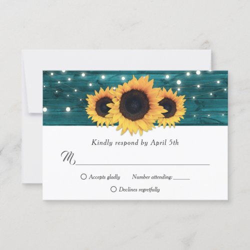 Teal Rustic Wood Sunflower Wedding RSVP Cards