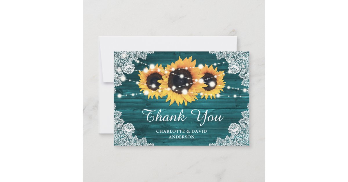 Teal Rustic Wood Sunflower Wedding Thank You Card | Zazzle