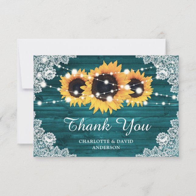 Teal Rustic Wood Sunflower Wedding Thank You Card (Front)