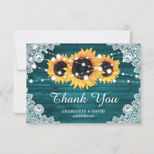 Teal Rustic Wood Sunflower Wedding Thank You Card