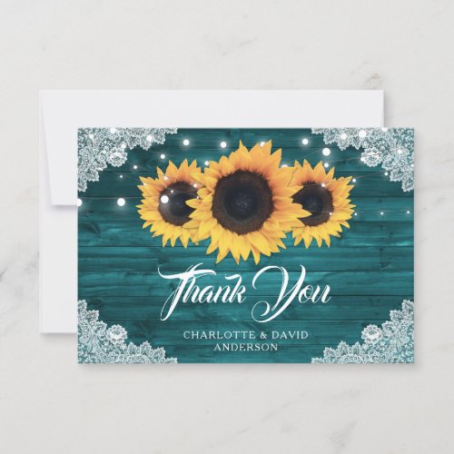 Teal Rustic Wood Sunflower Wedding Thank You Card