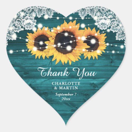 Teal Rustic Wood Sunflower Wedding Thank You Heart Sticker