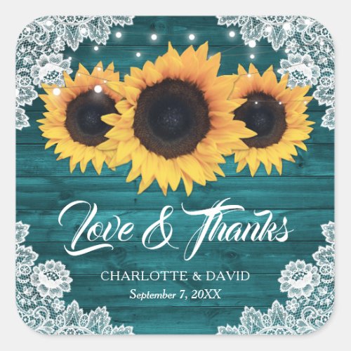 Teal Rustic Wood Sunflower Wedding Thank You Square Sticker