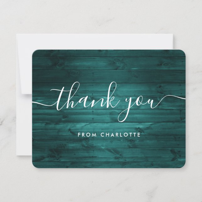 Teal Rustic Wood Wedding Shower Birthday Thank You Card (Front)