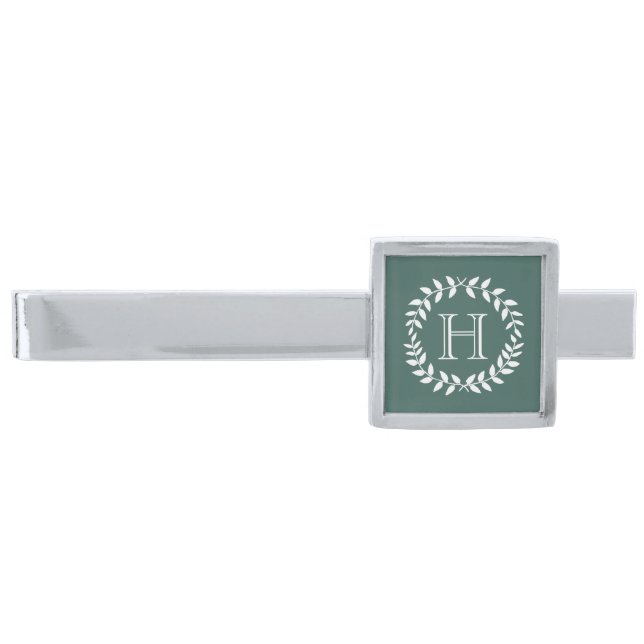 Teal & Sage Greenery Elegant Monogrammed Wreath Silver Finish Tie Bar (Front)
