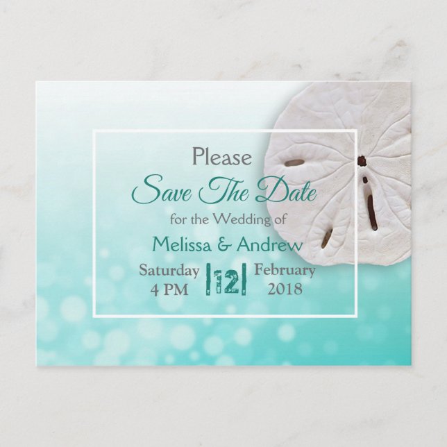 Teal  Sand Dollar Themed Wedding Save the Date Announcement Postcard (Front)