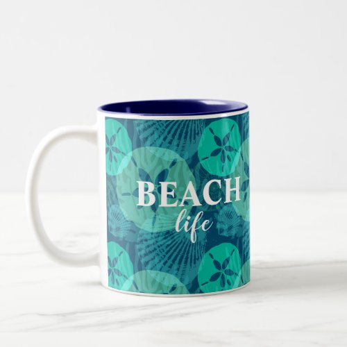 Teal Sand Dollars and Seashells Beach Life Two_Tone Coffee Mug