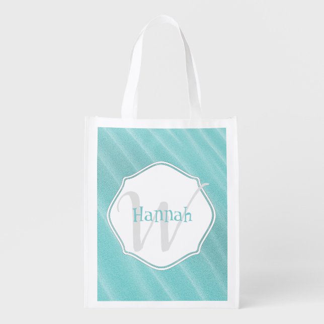 Teal Sand Ripples Monogram Reusable Grocery Bag (Front)