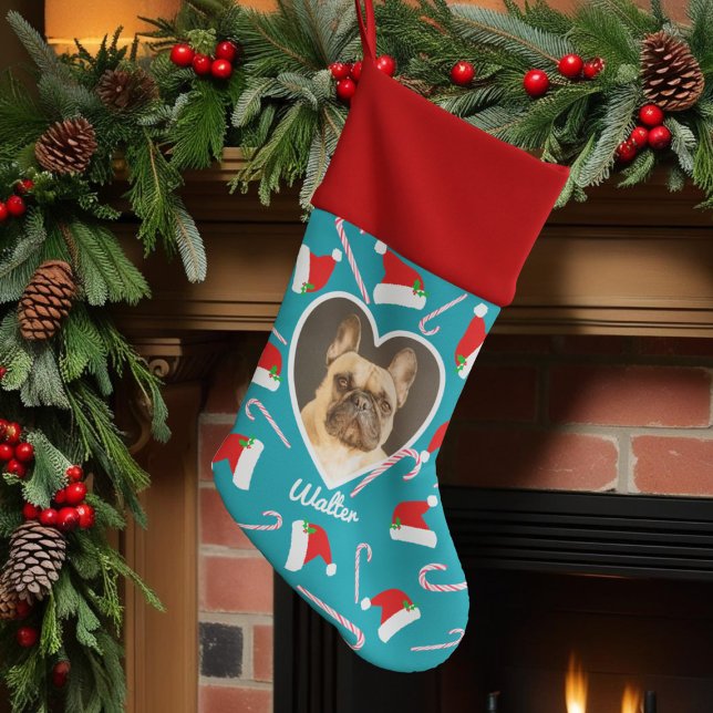 Teal Santa Hat Dog Photo Christmas Stocking (Add your pup's photo and name to this festive patterned Christmas Stocking and fill with treats)