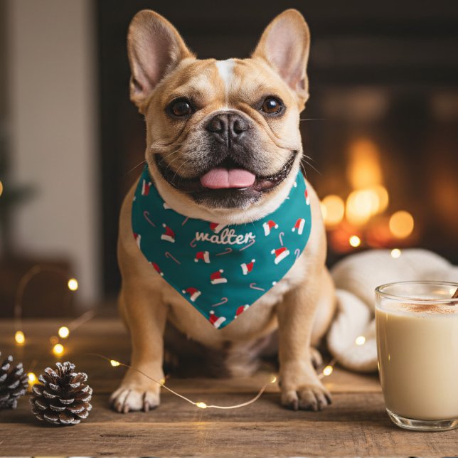 Teal Santa Hat Personalized Christmas Dog Pet Bandana Collar (Add your best friend's name to this festive teal bandana (with a collar))