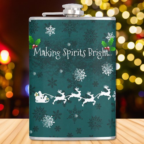 Teal Santas Sleigh and Reindeer Flask