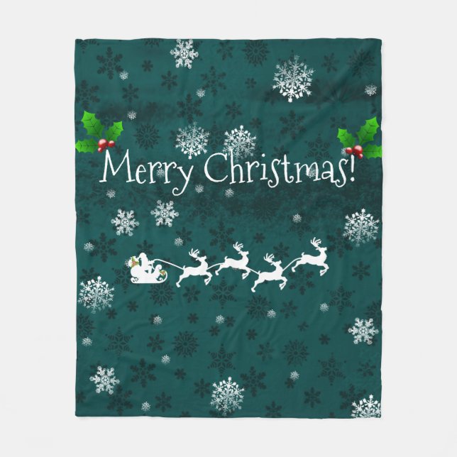 Teal Santa's Sleigh and Reindeer Fleece Blanket (Front)